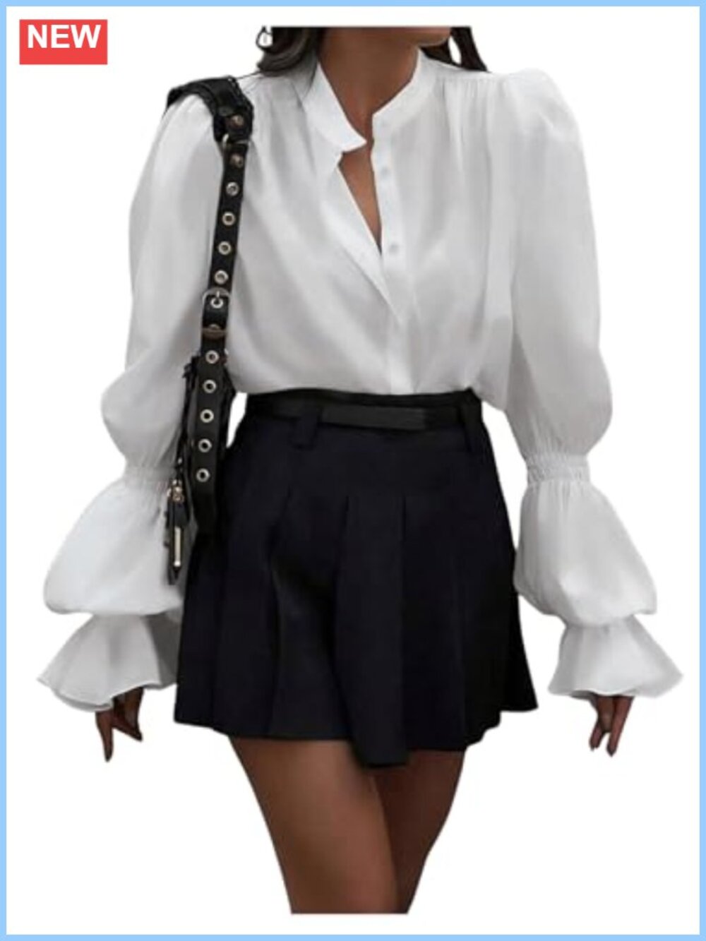 SweatyRocks Puff Sleeve Button Down Blouse Loose Fit Ruffle Trim Work Top